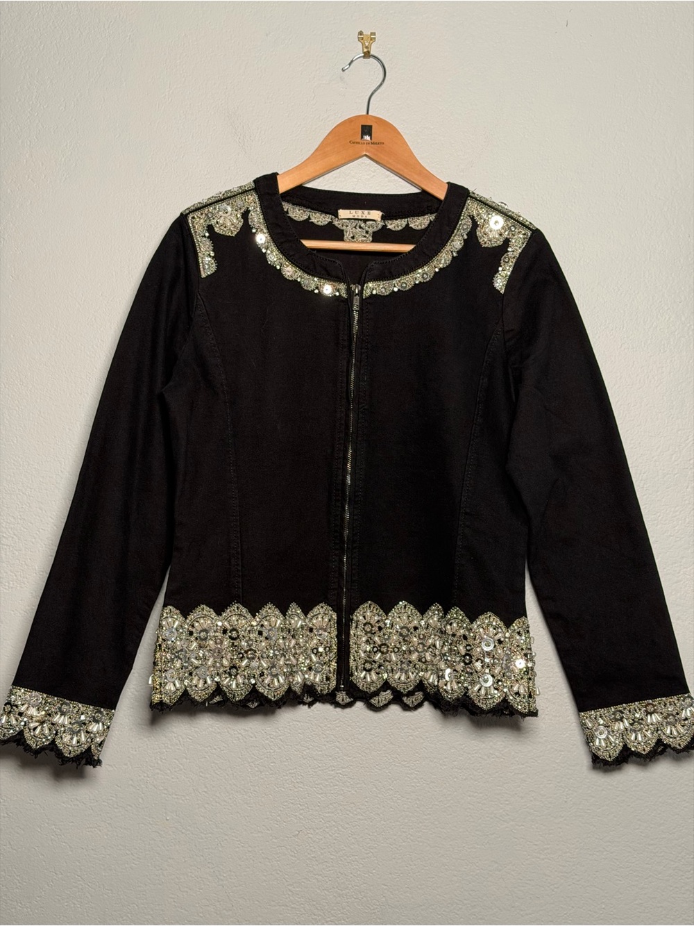 Black Embellished Women's Denim Jacket with Sequin & beaded Trim zipper